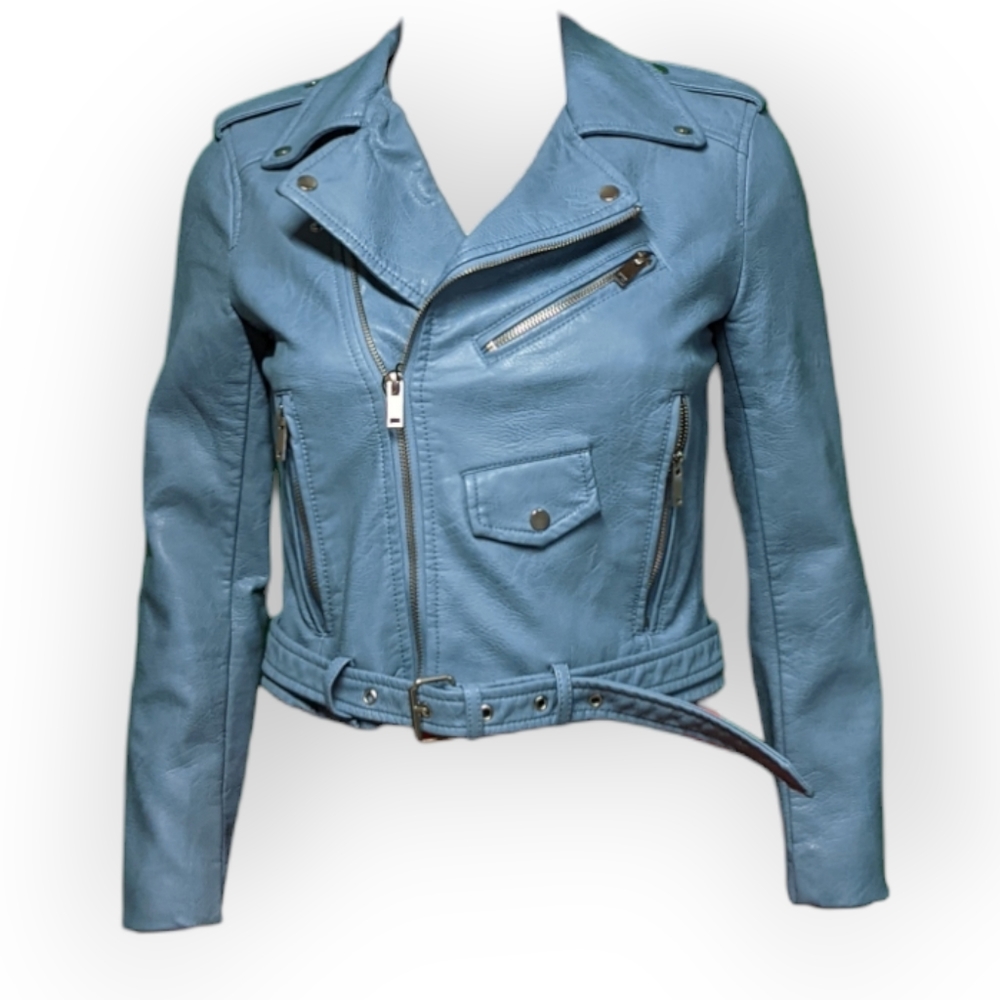 Zara Basic Blue Faux Leather Motorcycle Jacket, XS
